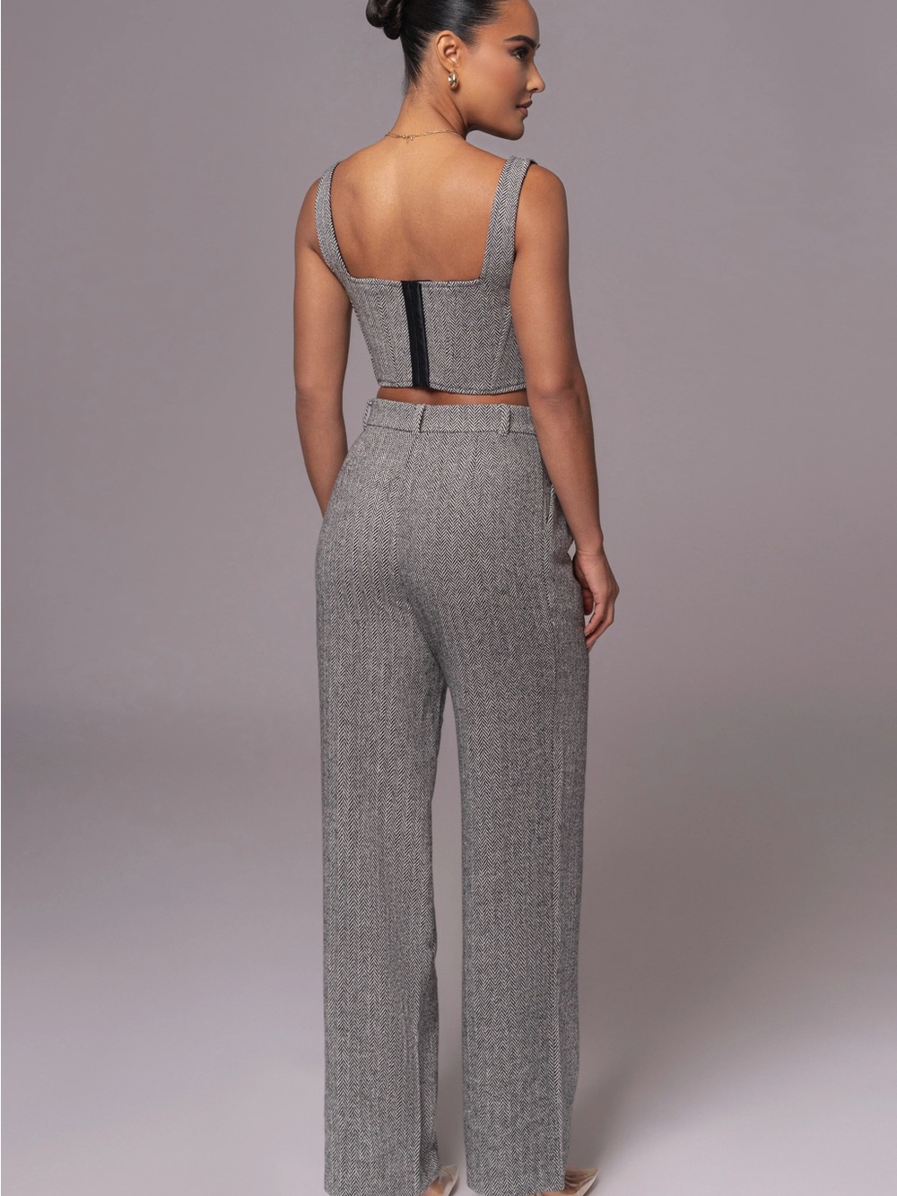 JLUXLABEL Gray Herringbone Cropped Jacket & Pant Set - NWOT Size Small - Picture 3 of 3